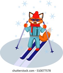 Fox skiing in a blue suit on the piste. against the background of falling snowflakes