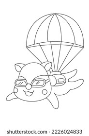 fox skydiving with parachute coloring page or book for kid vector