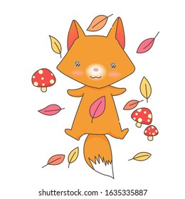 a fox sleep among autumn leaves and mushroom cartoon character.