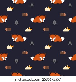 Fox sleep cartoon so cute. On timber tree cloud night background. Pattern seamless vector illustration. 