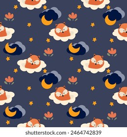 Fox sleep on cloud cartoon so cute. On flower moon star blue background. Pattern seamless vector illustration. 
