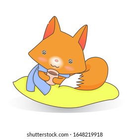 a fox sleep on yellow pillow and drink hot tea cartoon character.