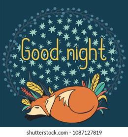 
Fox is sleeping inscription of good night vector illustration of a plant hand drawing