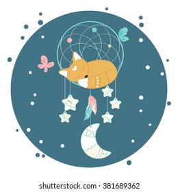 Fox sleeping on dreamcatcher. Isolated vector design elements on a dark blue background. Hand drawn. Boho style.