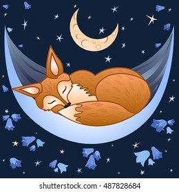 fox sleeping on hammock under the moon in cosmos star bluebells