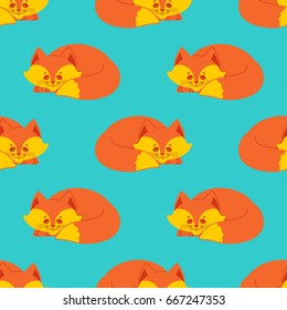 Fox sleeps seamless pattern. Sleeping wild beast background. Texture for Childrens Cloth
