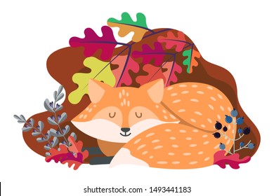 Fox sleeps under the branches of an oak. Flat style. Vector