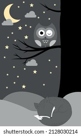the fox sleeps under the tree. the owl sits on a branch. night forest. vector illustration, eps 10.