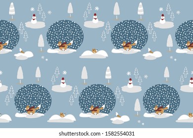 Fox in the snow cartoon vector seamless pattern