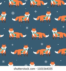 Fox with snow flakes seamless pattern background