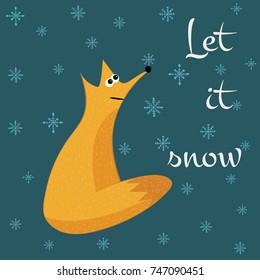 Fox with snowflakes vector. Hand drawing sketch illustration. Doodle design.