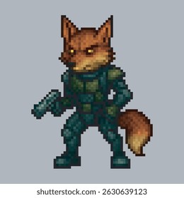 fox soldier character in pixel art style with isolated background