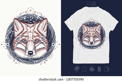 Fox in space. Symbol of a travel, freedom, tourism. Print for t-shirts and another, trendy apparel design 