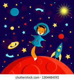 Fox in a spacesuit on a red planet. Moon, Sun, Saturn, Earth, other planets, rocket Stars comets space Cartoon style