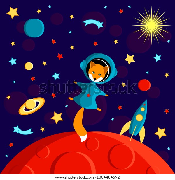 Fox in a\
spacesuit on a red planet. Moon, Sun, Saturn, Earth, other planets,\
rocket Stars comets space Cartoon\
style