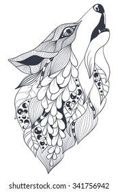 Fox spirit of the forest. Pattern style zentangl. Vector sketch for tattoo. Black and white. Coloring.