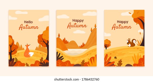 Fox and squirrel in autumn forest brochures set, Fall season illustration in flay style