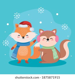 fox and squirrel cartoons in merry christmas season design, winter and decoration theme Vector illustration