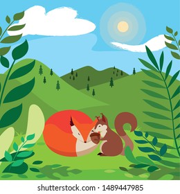 fox and squirrel happy autumn season design