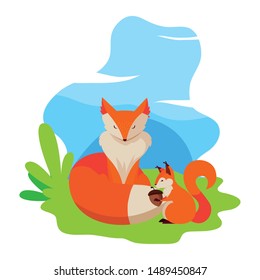 fox and squirrel happy autumn season design