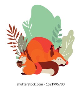 fox and squirrel happy autumn season foliage leaves vector illustration
