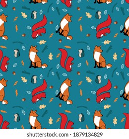 fox squirrel hedgehog leaf bush pine tree woodland green colour autumn wildlife animal tee illustration art vector