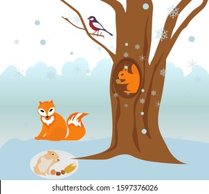  Fox, squirrel and mouse  in the winter forest   waiting for Christmas and New Year. Vector illustration.