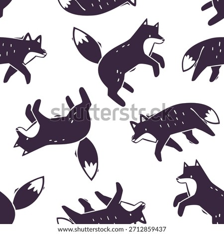 Fox stamp pattern. Doodle fox silhouette seamless vector print.