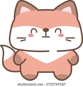 Zorro de pie con cuerpo de chibi, cabeza grande, pata redondeada, sonrisa y cola tupida, delineado con línea audaz y forma limpia. Símbolo de amistad, alegría de niño, encanto de mascota. Ilustración vectorial de dibujos animados.