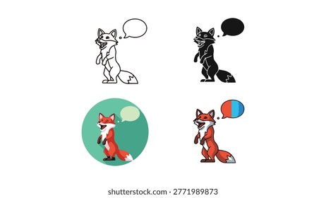 A fox is standing on its hind legs with a speech bubble above its head, depicted in line art, silhouette, and two colorful versions.