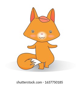 a fox standing on one leg and have an autumn leaf on head cartoon character.