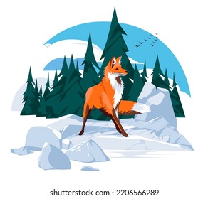 A fox stands alone on a stone. Coniferous forest background. Bright sky. The wild nature. Vector flat illustration