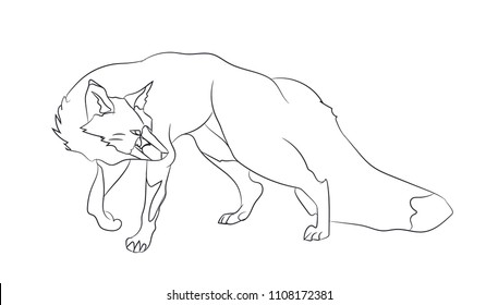 fox stands, lines, vector, white background