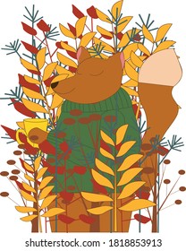 Fox stands surrounded by autumn branches with a yellow mug and a green sweater