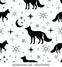 Fox and star silhouette, seamless pattern.Vector mystic magic animal silhouette illustration. Boho fox.