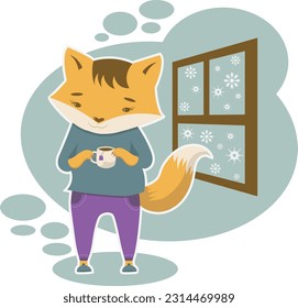 Fox is staying at cozy home with cup of tea in winter day near window on transparent background