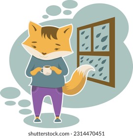 Fox is staying at cozy home with cup of coffee in rainy day near window on transparent background