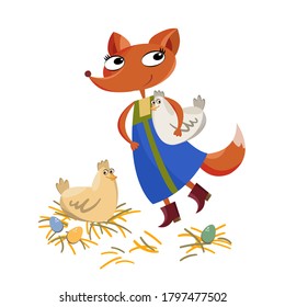 The fox steals the chicken. Tricky beautiful fox from fairy tale on a white background