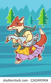 fox steals goose bird. fairytale character. Comic cartoon pop art retro vector illustration drawing