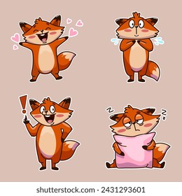 Fox stickers with different emotions, vector graphics