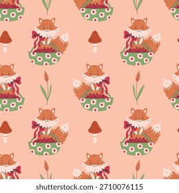 Fox Strawberry Mushroom Seamless Pattern. Adorable Cartoon Forest Baby Animal with fruit basket bow and nature elements. Cute childish summer repeat vector illustration