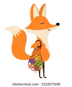 
Fox with string bag isolated on white background. Eco friendly. Shopping without waste. Vector flat design. 