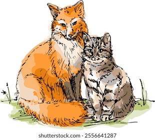 Fox and Striped Cat - A Whimsical Encounter. A children's fairy tale concept. A hand-made illustration, not AI