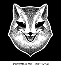 Fox. Stylized portrait of a sly fox on a black background. Sly fox smiles. Black and white sketch for tattoo, poster, print or t-shirt. Liar, dodger, mischievous, hoaxer, trickster.
