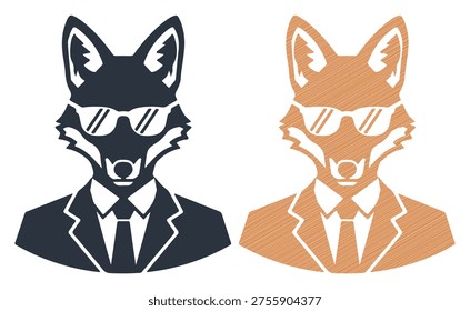 Fox in suit, sunglasses, dark blue and orange, illustration, anthropomorphic, sly.