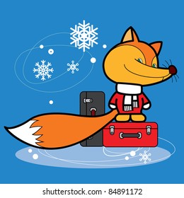 fox with suitcases in winter