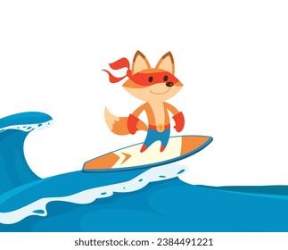 Superhéroe de Fox. El zorro deportivo activo parado en la tabla de surf y fluyendo en la ola. Mascota de dibujos animados