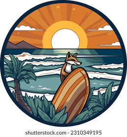 Un zorro con una tabla de surf al atardecer