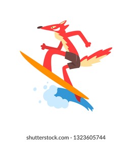 Fox Surfer Character Catching Ocean Wave Vector Illustration