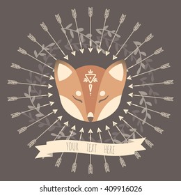 Fox surrounded by arrows poster. Vector decorative card
